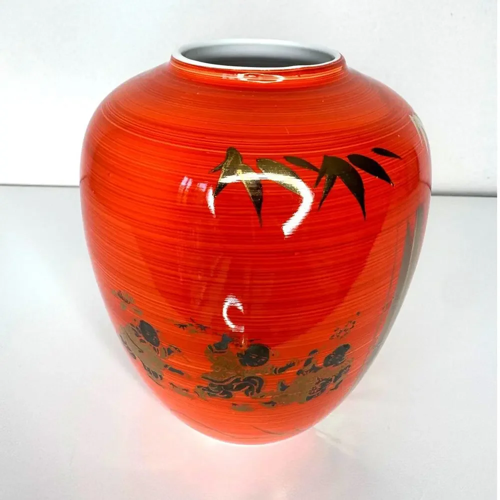 Vintage Japanese Orange Porcelain Ginger Jar Vase Gold Children Bamboo Decor